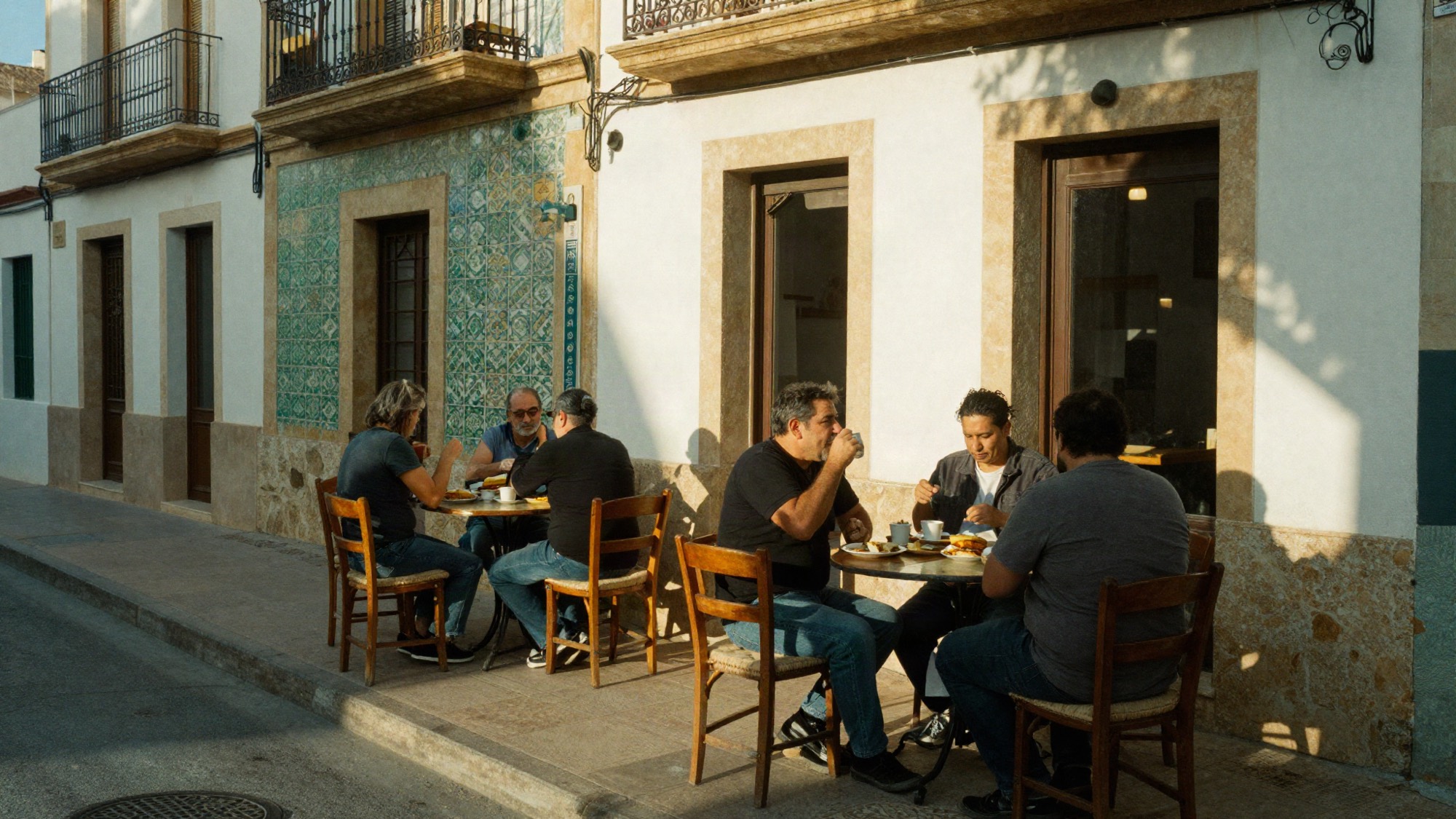 Terraza con gente almorzando en una calle del Cabanyal con fachadas de azulejos, luz de mañana