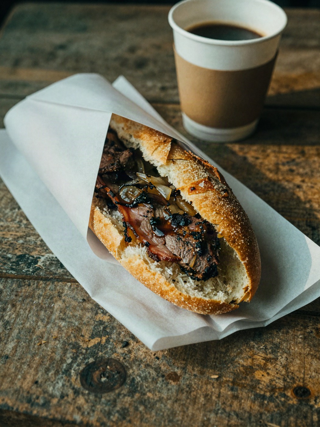 Bocadillo envuelto en papel con carne, bacon y cebolla, junto a un café