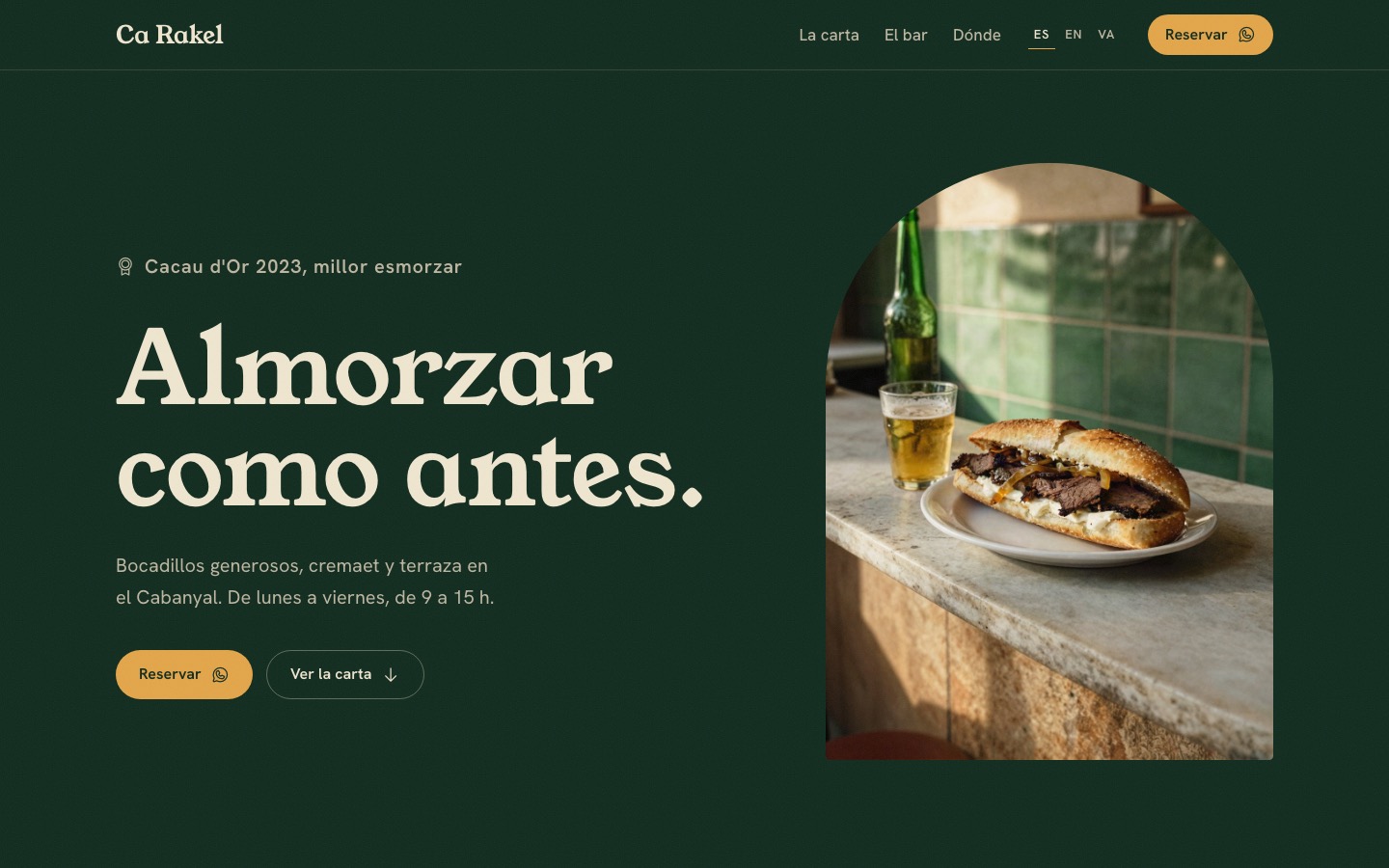 Ca Rakel almuerzo bar website, home screen