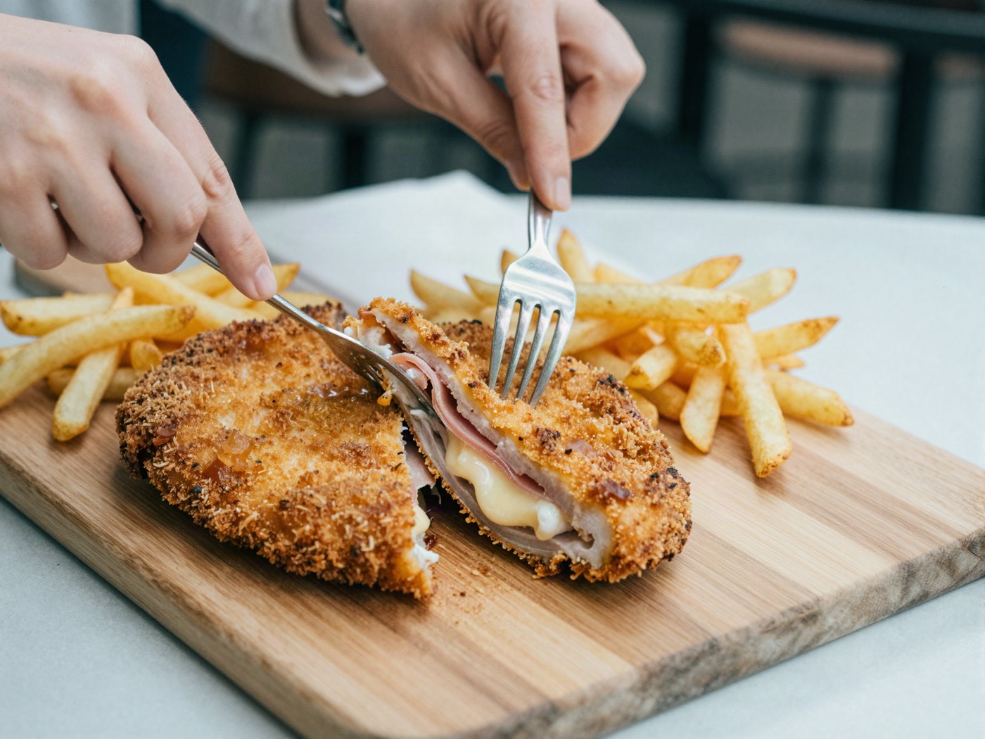 Cachopo abierto con jamón y queso fundido, con patatas fritas